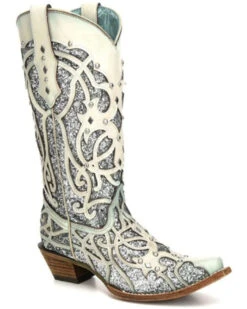 Western Shoe Store 22 Corral Women's White Turquoise Glitter Chameleon Sun Boots - Snip Toe